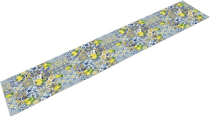 Farmhouse Rustic Lemon Table Runner,Vintage Morocco Blue Tiles Mediterranean Summer Fruit Print Table Runner for Kitchen Dining Table Home Party Decor 13x90in