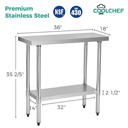 Stainless Steel Work Table 18 x 36 Inch, NSF Commercial Prep Table with Undershelf, Heavy Duty Food Prep Workstation