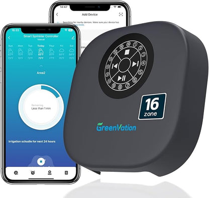 Smart Sprinkler Controller, 16-Zone/Station Irrigation System with APP Remote Control, GreenVation 2.4G/5GHz WiFi Water Timer for Outdoor Garden/Yard/Lawns (16 Zone)