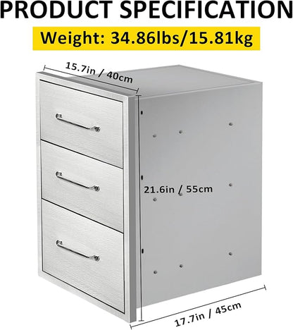 Outdoor Kitchen Drawers 15.7" W x 21.6" H x 17.7" D Flush Mount Triple BBQ Drawers with Chrome Handle Stainless Steel Drawer for Outdoor Kitchen Island, Patio Grill Station
