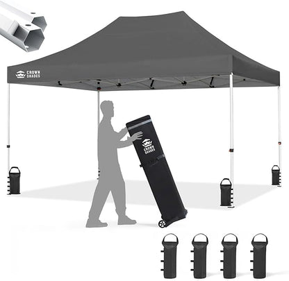 CROWN SHADES 10x15 Pop Up Canopy Tent, Thicken Frame Commercial Heavy Duty Tent, 8 Stakes & 4 Sandbags & 4 Ropes, Outdoor Canopies for Events, Parties,Grey