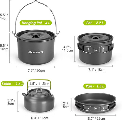 Odoland 39pcs Camping Cookware Mess Kit, Non-Stick Large Size Hanging Pot Pan Kettle with Base Dinner Cutlery Sets for 6 and More, Cups Dishes Forks Spoons Kit for Outdoor Camping Hiking Picnic