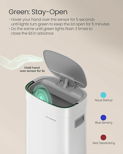 SONGMICS Kitchen Trash Can, 17.2-Gallon (65 L) Motion Sensor Garbage Can, Stainless Steel Trash Bin, Ozone Odor Control, Stay-Open, Cloud White ULTB660W01