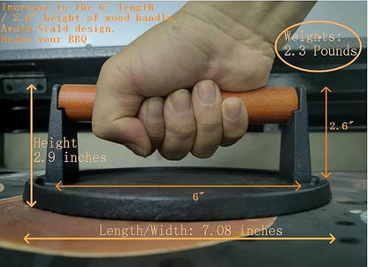 Firsgrill Burger Press 7.08" Round & 8.3”X4.3”Rectangle Heavy-Duty Cast Iron Smash Meat Steak With Wood Handle for Blackstone Camp chef Pitboss Weber Treager Griddle Grills (Round & Rectangle)