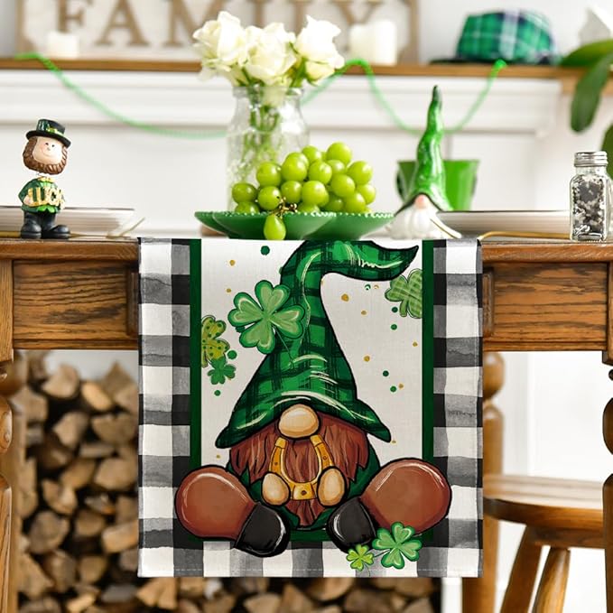 Artoid Mode Buffalo Plaid Shamrock Gnome St. Patrick's Day Table Runner, Seasonal Spring Holiday Kitchen Dining Table Decoration for Indoor Outdoor Home Party Decor 13 x 108 Inch
