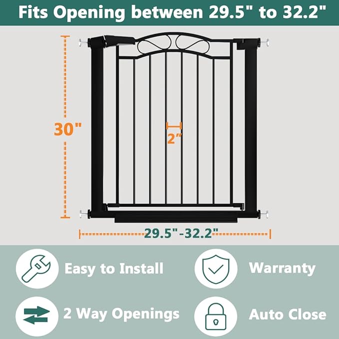 Fairy Baby 29.53"-32.28" Wide Baby Gate with Door, Walk Through Baby Gates for Stairs Pressure Mounted no Drill, Indoor Tension Metal Pet Dog Gate, Auto Close Child Safety Gate, Black