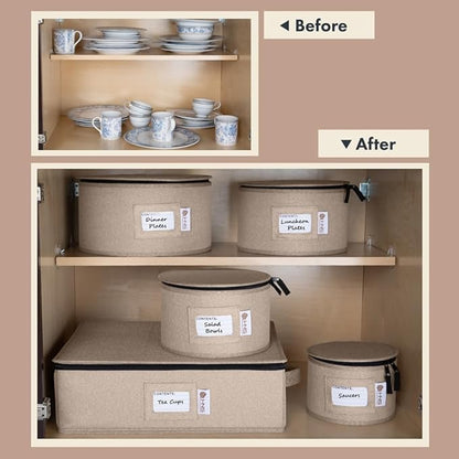 China Storage Hard Shell Containers 5-Piece Set Moving Boxes for Dinnerware, Glasses, Plates, Mugs and Saucers Sturdy Dish Organizer with Dividers for Seasonal Storage - Service for 12 - Brown