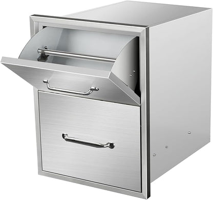 Outdoor Kitchen Drawers with Paper Towel Holder 16" W x 20" H x 20" D Flush Mount BBQ Drawers with Chrome Handle,Stainless Steel Built-in Double Access Drawers for Outdoor Kitchen Island