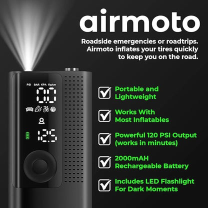Airmoto Tire Inflator Portable Air Compressor - Air Pump For Car Tires with Digital Pressure Gauge, LED Light and Auto Shut-Off Function - Cordless Pump for Car, Motorcycle, Bicycle, Ball