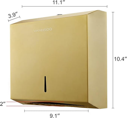 Commercial Paper Towel Dispenser Wall Mount, Tri-fold/Multi-fold/C-Fold Stainless Steel Paper Towel Holder Hand Towel Dispenser with Key (Gold)