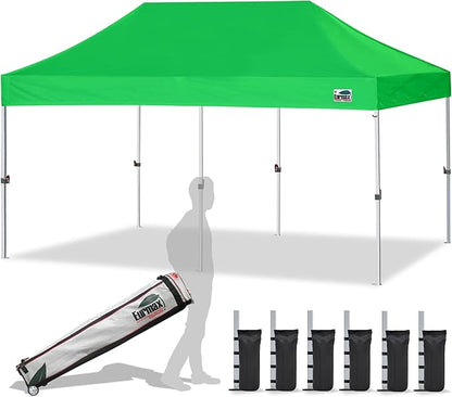 Eurmax USA 10'x20' Pop Up Canopy Tent Commercial Instant Canopies with Heavy Duty Roller Bag,Bonus 6 Sand Weights Bags (Kelly Green)