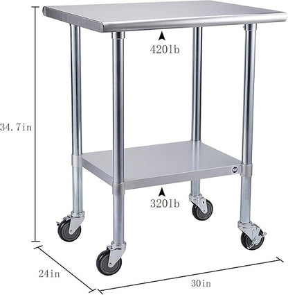ROCKPOINT Stainless Steel Table for Prep & Work with Caster Wheels 24x30 Inches, NSF Metal Commercial Kitchen Heavy Duty Table with Adjustable Under Shelf and Table Foot for Restaurant, Home and Hotel