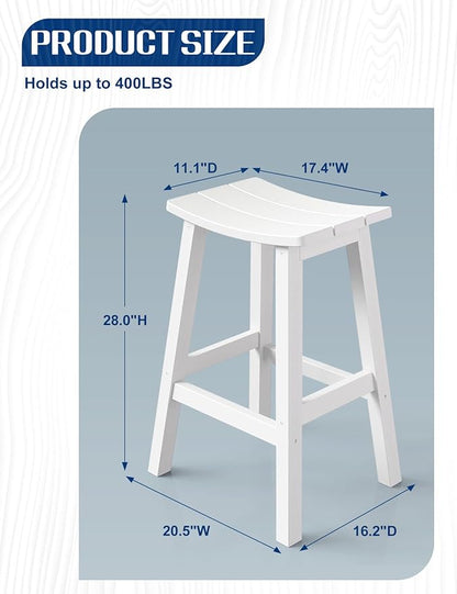 Weatherproof Bar Stools Set of 4, 28" Height Outdoor Bar Stools Holds up to 400 lbs, Saddle Seat, Bar Height Stools for Patio, Garden, and Kitchen Island, White
