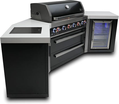 Mont Alpi MAi805-BSS45FC 44-inch 6-Burner 115000 BTU 45 Degree Black Stainless Steel Gas Outdoor Kitchen Bar Island Grill w/Fridge Cabinet + Infrared Side & Rear Burner