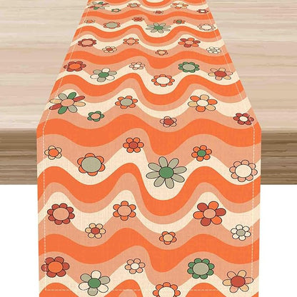 70s Table Runner, Retro Groovy Hippie Daisy Floral Orange Wave Funky Trippy Coffee Table Center Decor for Home Kitchen Dining Patio Holiday Party Indoor Outdoor Table Decorations, 13"x72" Inch