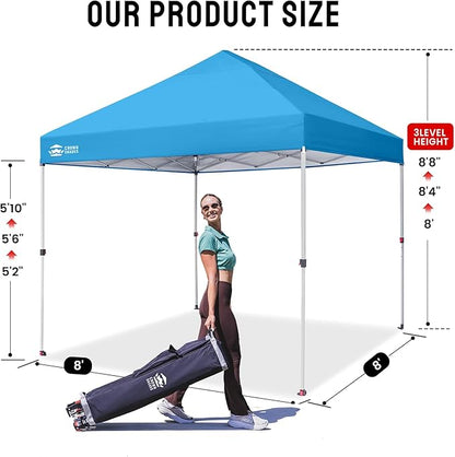 CROWN SHADES 8x8 Pop Up Canopy, Patented Center Lock One Push Instant Popup Outdoor Canopy Tent, Newly Designed Storage Bag, 8 Stakes, 4 Ropes, Silver-Coated Sky Blue