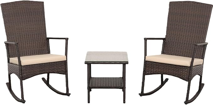 Outdoor HDPE Wicker Rocking Chair 3-Piece Patio Rattan Bistro Set 2 Rocker - Image 8