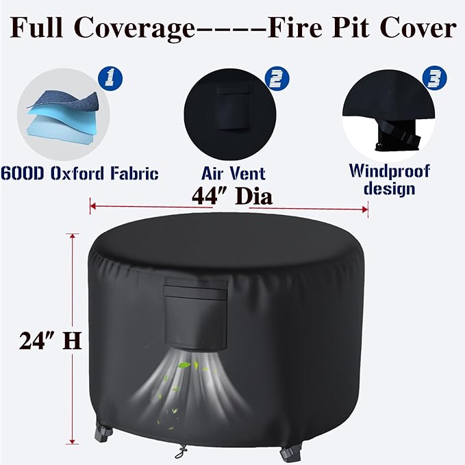 Chinchilla Heavy Duty 44 Inch Round Fire Pit Cover - 100% Waterproof & Weatherproof, Durable All-Season Protection for 41/42/43/44 Inch Propane Fire Pits and Tables