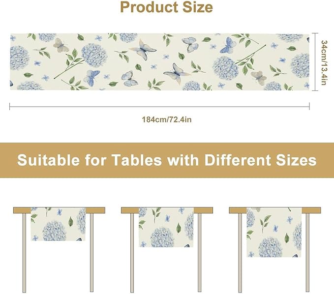 Spring Hydrangea Table Runner, Summer Moth Watercolor Sky Blue Butterfly Flowers Rustic Farmhouse Garden Print Table Cover for Kitchen Dining Room Table Home Party Decor,13x70inch