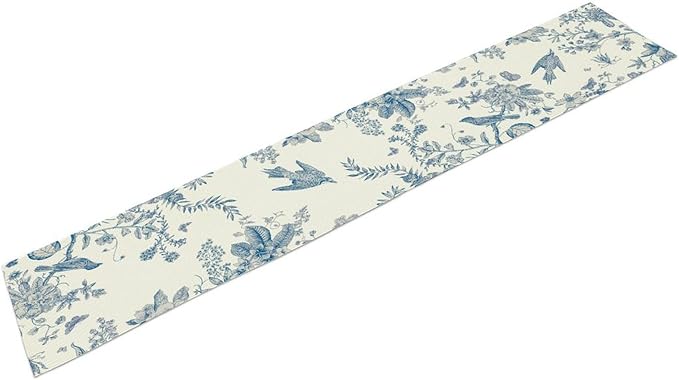 Spring Flower Table Runner, Farmhouse Vintage Blue White Floral Bird Print Table Runner for Kitchen Dining Table Party Wedding Decor, 13x60inch