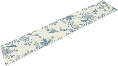 Spring Flower Table Runner, Farmhouse Vintage Blue White Floral Bird Print Table Runner for Kitchen Dining Table Party Wedding Decor, 13x70inch