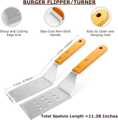 7 Piece Stainless Steel Spatula Set-Burger Flipper-4 Spatulas, Chopper, Scraper, + 2 Bottles-for BBQ Grill Flat Top Blackstone