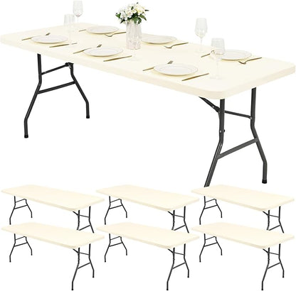 6 Pack Stretch Fabric Table Top Cap Cover, Ivory Table Covers fits 8Ft Tables, Washable Elastic Universal Rectangle Tablecloth Protector for Indoor Outdoor Party Picnic Wedding (30" W x 96" L)