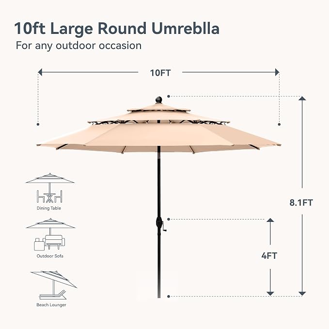 PHI VILLA 10ft Outdoor Patio Umbrellas, 3 Tier Vented Table Umbrella, 1.5" Pole - Image 2