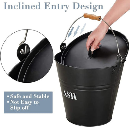 Ash Bucket with Lid, Shovel, and Broom - 3.5-Gallon Metal Ash Can for Fireplaces, Wood Stoves, and Fire Pits