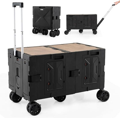 Goplus Large Foldable Utility Cart w/ 2-Tier Storage Crates, 5 Rotate Wheels, Metal Telescoping Handle, Portable Rolling Trolley Collapsible Cart for Grocery Shopping Camping & Travel