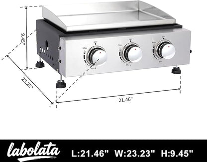 Portable Tabletop Gas Griddle Grill with Stainless Steel Griddle, Includes Dust Cover & Regulator, Perfect for Camping & Tailgating (3-Burner)