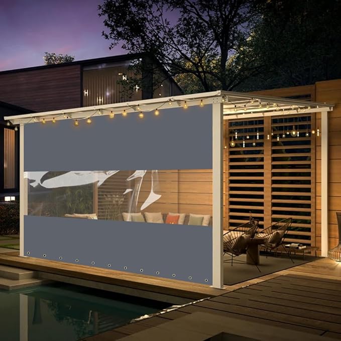 Covers & all Outdoor Clear Panel Curtain, 12 oz Vinyl Outdor Curtains for Patio, Waterproof & Weather Resistant Tarp with Brass Grommets for Pergola, Porch, Gazebos, Balcony (4' H x 9' W feet, Gray)