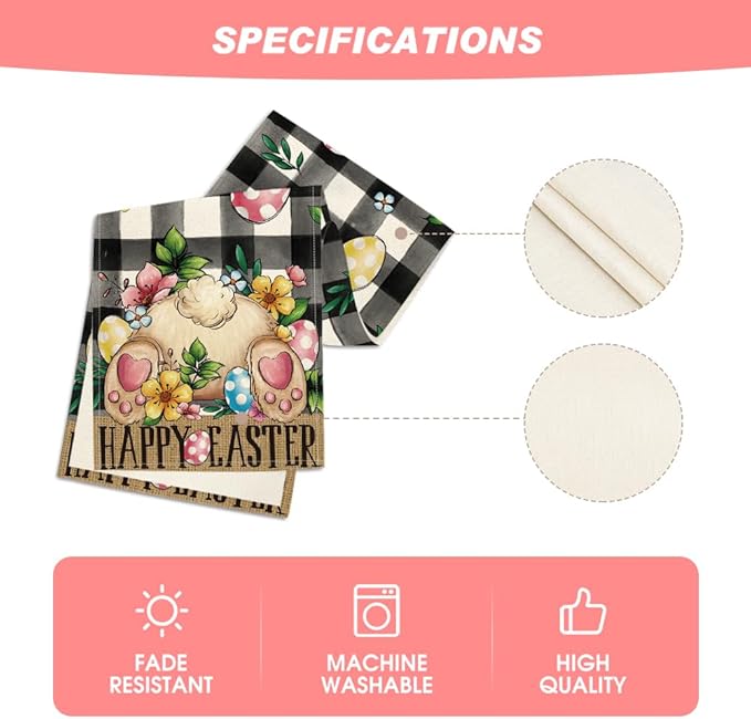 Artoid Mode Buffalo Plaid Bunny Egg Flowers Happy Easter Table Runner, Seasonal Spring Kitchen Dining Table Decor for Home Party Decor 13x60 Inch