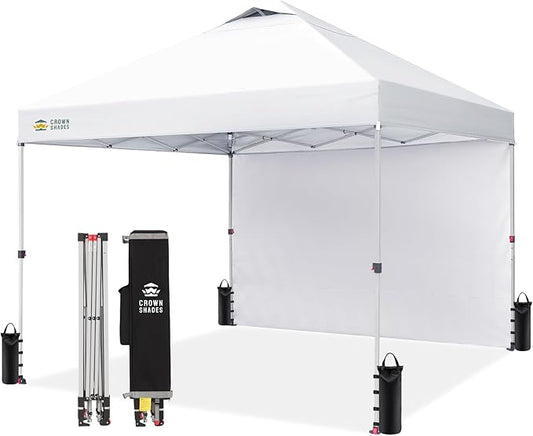 CROWN SHADES 12x12 Pop Up Canopy Tent Instant Commercial with 150D Silver Coated Fabric Including 1 Removable Sidewall, 4 Ropes, 8 Stakes, Weight Bags, STO 'N Go Bag, White