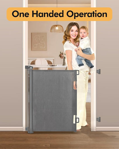 Retractable Baby Gate for Stairs & Doorways, 55" Wide x 33.6" Tall Easy Installation Mesh Dog Gate for Indoor & Outdoor Use,Pet and Dog Safety Gate for Hallways(Grey)
