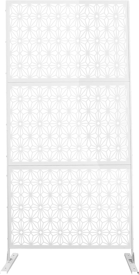 75" H×35" W Decorative Outdoor Privacy Screen with Stand, Outdoor Decor Privacy Fence Screen Metal Fence Panels, Free Standing Metal Divider for Patio Lawn Deck (White-Small Snowflake)
