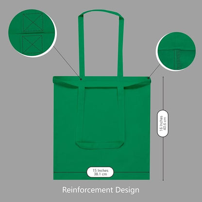 TOPDesign 24-Pack Economical 16"x15" Kelly Green Cotton Tote Bag, Lightweight Medium Reusable Grocery Shopping Cloth Bags, Suitable for DIY, Advertising, Promotion, Gift, Activity
