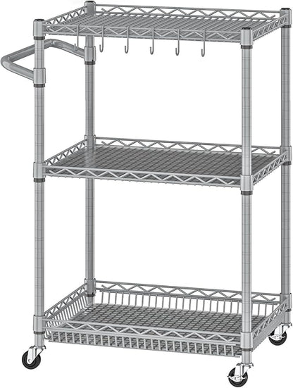 3 Tier Rolling Utility Carts with Wheels Heavy Duty Storage Cart 750Lbs Capacity Adjustable Kitchen Metal Organizer Cart with Handle & Shelf Liner Commercial Service Trolley for Indoor & Outdoor Use
