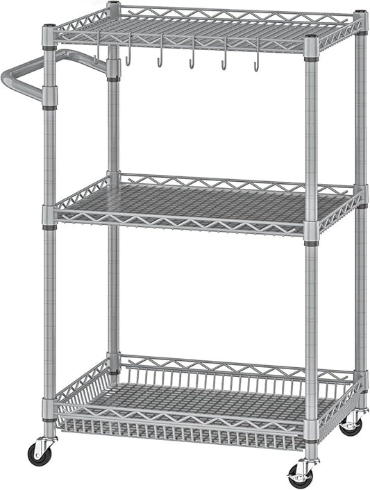 3 Tier Rolling Utility Carts with Wheels Heavy Duty Storage Cart 750Lbs Capacity Adjustable Kitchen Metal Organizer Cart with Handle & Shelf Liner Commercial Service Trolley for Indoor & Outdoor Use