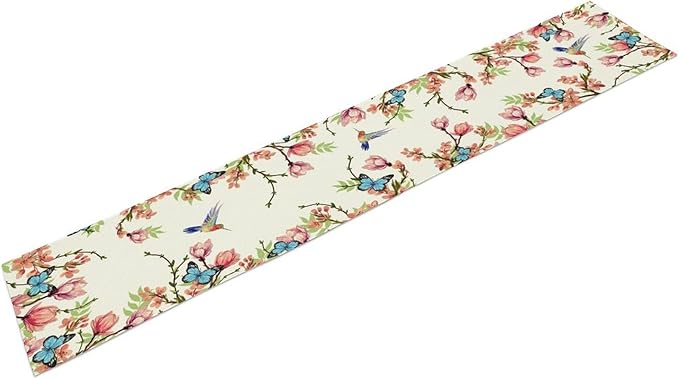 Spring Flower Table Runner, Seasonal Rustic Garden Flowers Bird Butterfly Print Table Runner for Home Kitchen Table Decor, 13x108inch