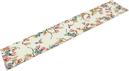 Spring Flower Table Runner, Seasonal Rustic Garden Flowers Bird Butterfly Print Table Runner for Home Kitchen Table Decor, 13x36inch