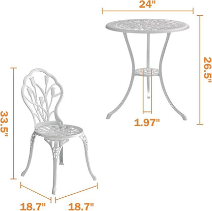 Outdoor Bistro Table and Chairs Set of 2, 3 Piece Patio Bistro Set w/Umbrella Hole, Rust-Resistant Cast Aluminum Bistro Set for Garden/Balcony/Backyard, White