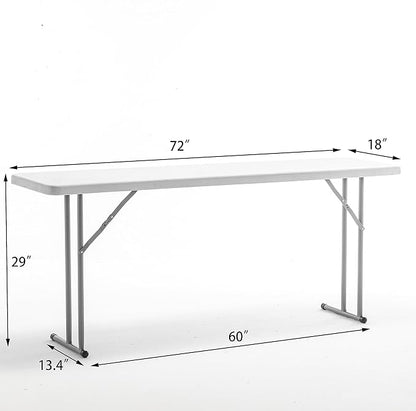 BTEXPERT 6-Foot - 72" Long White Plastic Folding Seminar Training Table Portable 18" Wide Narrow, 29" High, Events Indoor Outdoor Lightweight Set of 10
