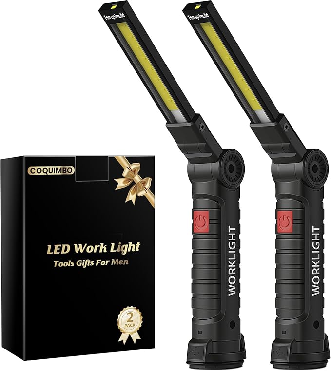 Coquimbo Mens Valentines Day Tool Gifts for Him Boyfriend Husband, Rechargeable LED Work Light BBQ Grill with Magnetic Base Hook, 360° Rotate Mechanic Flashlight Dad Birthday Gifts (2 Pack Black)