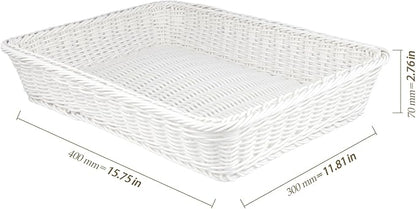 5 Pack Poly Wicker Bread Baskets 15.7x11.8x2.8 Inch, Restaurant-Grade Food Display Trays, Moisture-Resistant for Kitchen Storage/Tabletop Serving/Hotel Buffet (White)