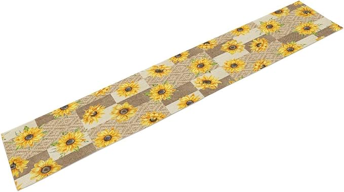 Farmhouse Sunflower Table Runner, Rustic Vintage Linen Patchwork Summer Yellow Floral Table Cover for Bithday Party Home Kitchen Dining Room Decor, 13x36inch