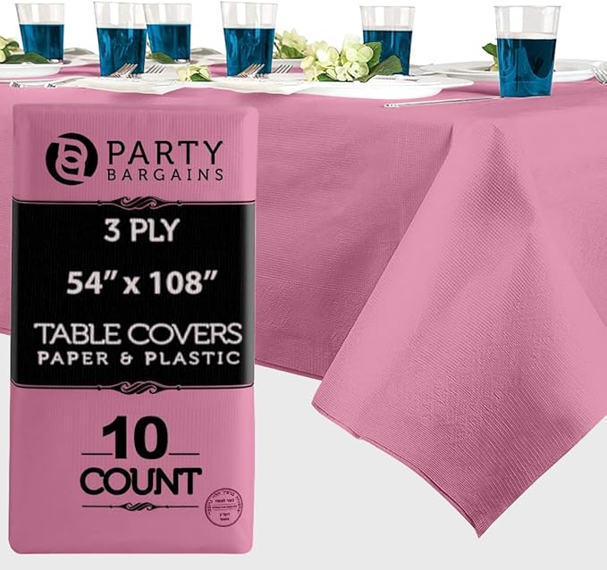PARTY BARGAINS 10 Disposable Table Covers - 54" X 108" Pink Table Cover, 3 Ply Paper & Plastic Tablecloth