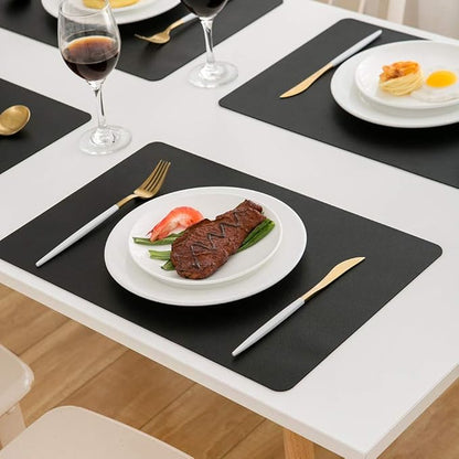 DOLOPL Placemats Set of 12, Black Wipeable Faux Leather Heat Resistant Place Mats for Kitchen Dining Room Table Decorations, Modern Waterproof Table Mats for Indoor & Outdoor Use