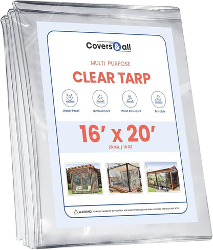 Covers & All Heavy Duty Waterproof Clear Tarps, 18 oz 20 mil Clear PVC Tearproof Tarpaulin, Perfect for Indoor & Outdoor Use (16’ H x 20’ W Feet, Clear)