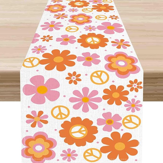 Groovy Floral Table Runner, Retro 70s Hippie Floral Funky Pink Cute Flower Trippy Coffee Table Center Decor for Home Kitchen Dining Patio Holiday Party Indoor Outdoor Table Decorations, 13"x72" Inch